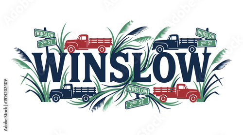 Winslow Arizona vintage pickup trucks Americana travel vector illustration