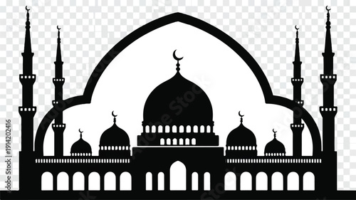 A black and white silhouette illustration of a mosque with a large central dome and four minarets (2)_traced