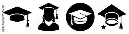 Graduation cap icons set black and white flat design academic education success achievement vector illustration