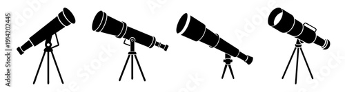 Set of four professional black telescopes on tripods isolated on white background for astronomy and stargazing