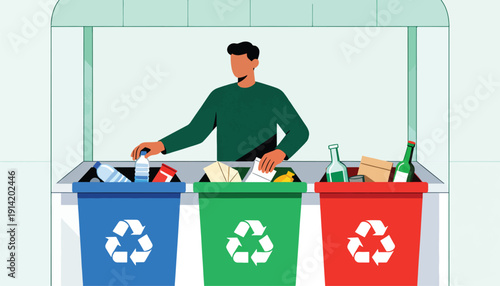 Man sorts recyclables into three bins blue for bottles, green for paper, red for glass