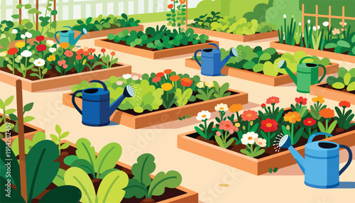 A vibrant garden with raised beds, flowers, vegetables, and watering cans