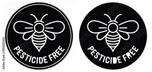 Pesticide-free bee label in circle icon illustrating eco-friendly, organic, natural product approval and sustainable branding
