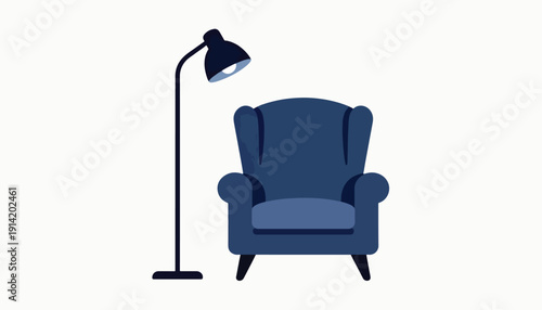 Minimalist illustration of a comfortable armchair with a modern floor lamp