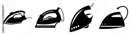 Set of four modern minimalist black and white iron icons isolated on white background for household and laundry concept