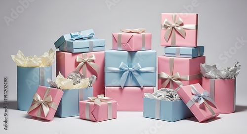 Assortment of pink and blue gift boxes with satin ribbons and tissue paper
