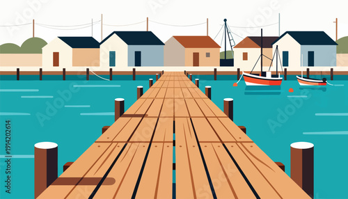 Wooden pier leading to waterfront cottages and boats on turquoise water