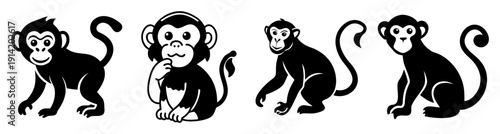 Four cartoon monkeys sitting and walking black white line art vector illustration isolated on white background