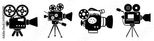 Set of four vintage film cameras and movie equipment icons on white background for media production and cinematography