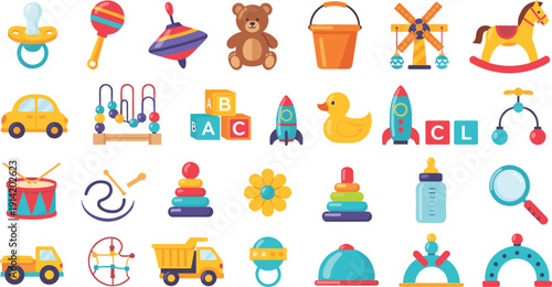 Baby Toys and Kids Playtime Vector Set Featuring Rattles, Blocks, Teddy Bear, Cars, Rockets, Pacifier, and Educational Play Objects