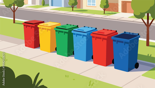 Row of colorful wheeled bins on a sidewalk in front of houses