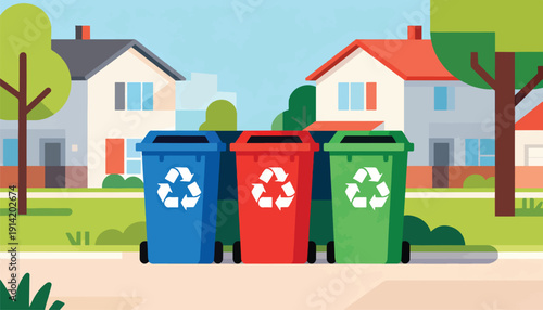 Three colorful recycling bins stand before suburban houses and green trees