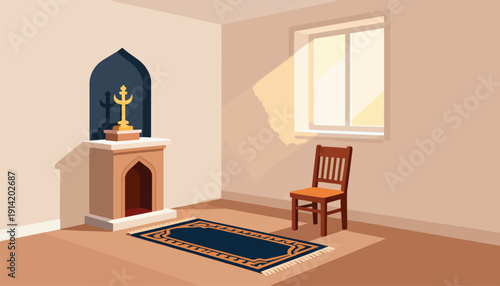 A prayer rug and chair await in a room with a niche holding a golden crescent