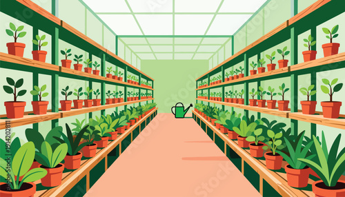 Greenhouse interior with rows of potted plants on shelves and a watering can