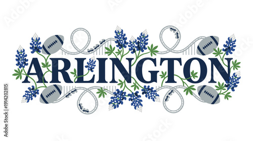 Arlington Texas typographic design with bluebonnets and football vector illustration