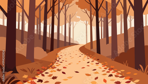 Winding forest path carpeted with fallen leaves during autumn