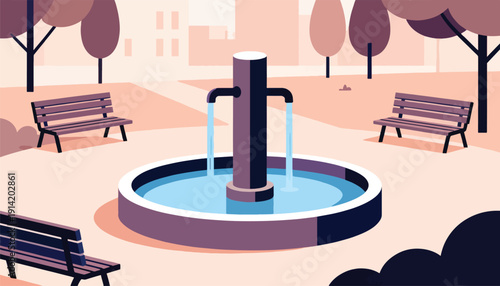 Park fountain with benches and stylized trees in soft colors
