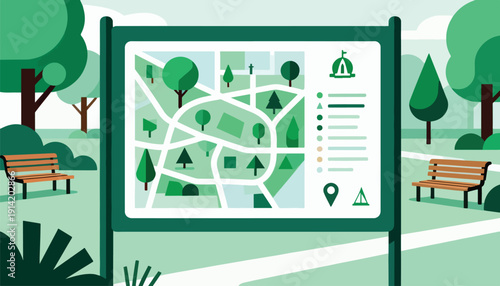 Park information board displays map, legend, and location markers amidst lush greenery
