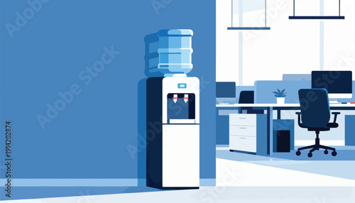 A water cooler stands in a modern office space with desks and chairs