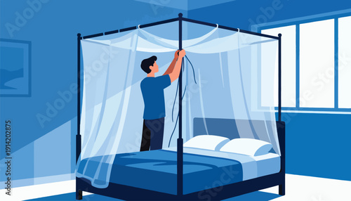 Man setting up mosquito net over a bed