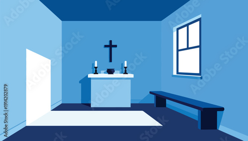 Minimalist chapel interior with altar, cross, candles, bench, and window