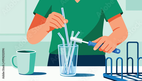 Hands clean reusable straws with a brush in a glass on a table