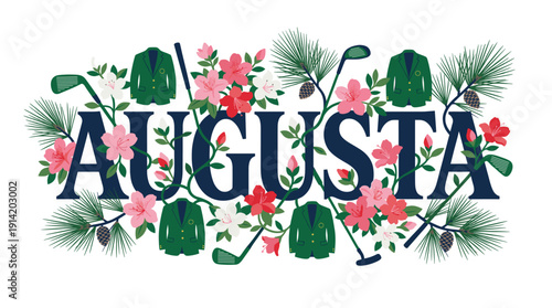 Augusta golf typography with green jackets and flowers vector illustration