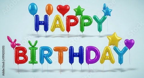 Colorful balloons spelling out happy birthday with assorted shapes on pastel background