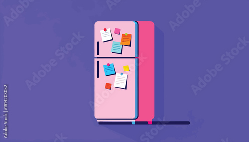 A cartoon illustration of a pink refrigerator with colorful notes