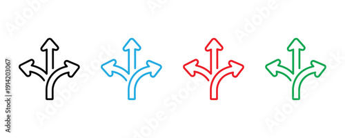 Three-way arrow icon vector. Directional symbol for decision making, path selection, and strategic planning set. Vector Illustration.