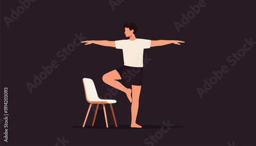 Man balances on one leg with arms outstretched, chair nearby