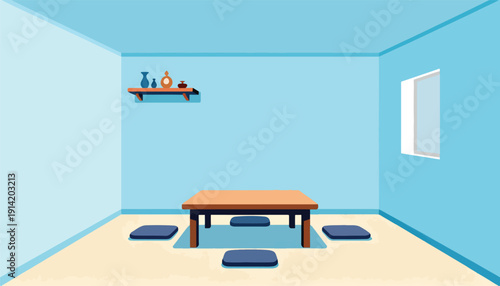 Minimalist room with low table and floor cushions, decorated with decorative vases