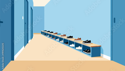 Hallway with shoes neatly organized on a bench shelf