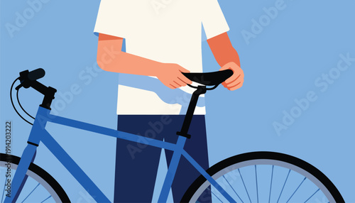 Person in a white shirt adjusts a blue bicycle seat on a light blue background