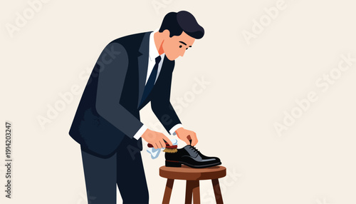Man in suit meticulously polishing dress shoe on stool