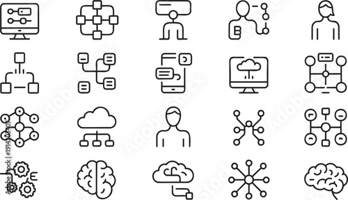 Collection of black outline technology icons featuring concepts like networks, computers, data, and human interaction