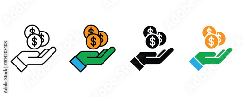 Coin payment icon vector. Money transaction symbol for hand holding dollar coins, financial savings, and investment set. Vector Illustration.