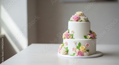 Elegant two-tier white cake adorned with delicate sugar flowers for celebrations