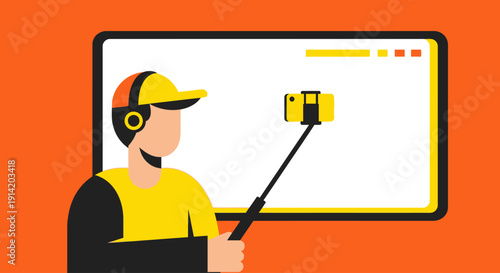 A person wearing a headset takes a selfie using a smartphone on a selfie stick