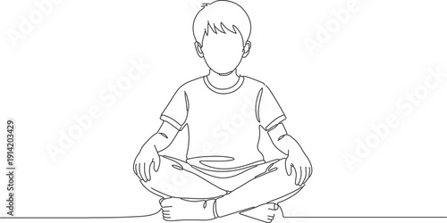 Continuous line drawing of a serene young boy in a meditative pose, embodying childhood innocence and peaceful contemplation