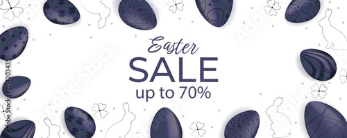 Easter Sale. Horizontal banner with Easter eggs, patterned with linear bunnies and flowers. Frame. Editable.