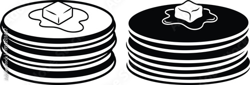 Simple black and white illustration of two stacks of pancakes isolated on white background