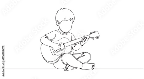 A simple line drawing of a young boy sitting cross-legged and playing an acoustic guitar, focusing on the joy of music and childhood creativity