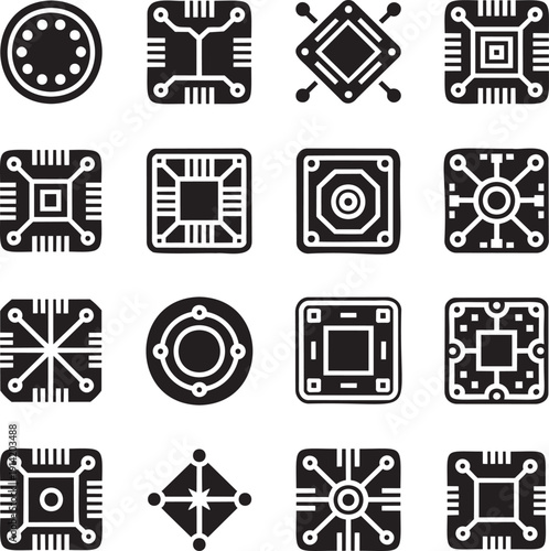 A variety of solid black icons on white representing different shapes of electronic circuit boards and computer chips