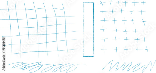 Set of blue hand-drawn grid lines, sketchy graph patterns, plus sign symbols and abstract geometric textures isolated on white background