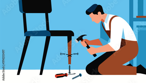 Man kneels, assembling furniture leg using hammer, screws, and screwdriver