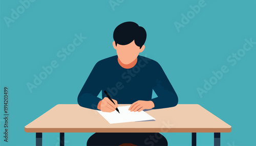 Person with dark hair writing on paper at desk