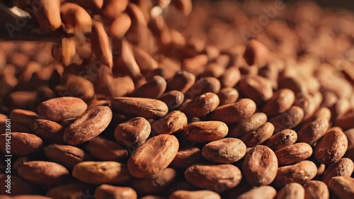 Raw cocoa beans pouring into a large pile. Dried cacao seeds falling with warm lighting. Chocolate ingredient concept