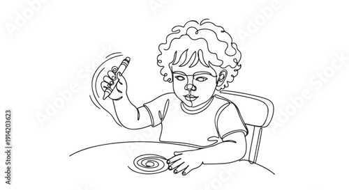 An engaging line art illustration of a young child deeply engrossed in the act of drawing, creating a simple spiral with a pen, symbolizing early artistic development