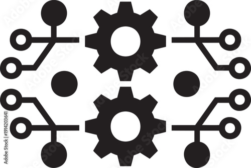 Black gears with connecting circuits and nodes represent integration and processing functions on a white background